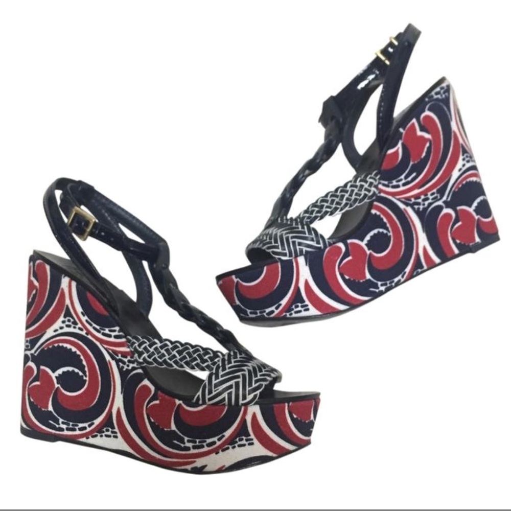 Tory Burch Red White Blue Araminta High Wedges 6M